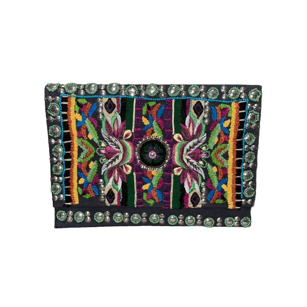 Antik Kraft Vintage Handmade Floral Embroidered Breaded Envelope Clutch Purse